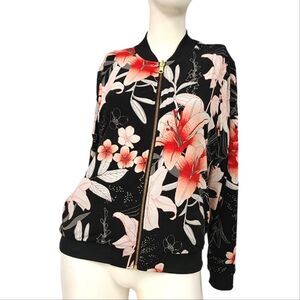 IMAN Jacket Womens XS Silky Floral Zippered Varsity